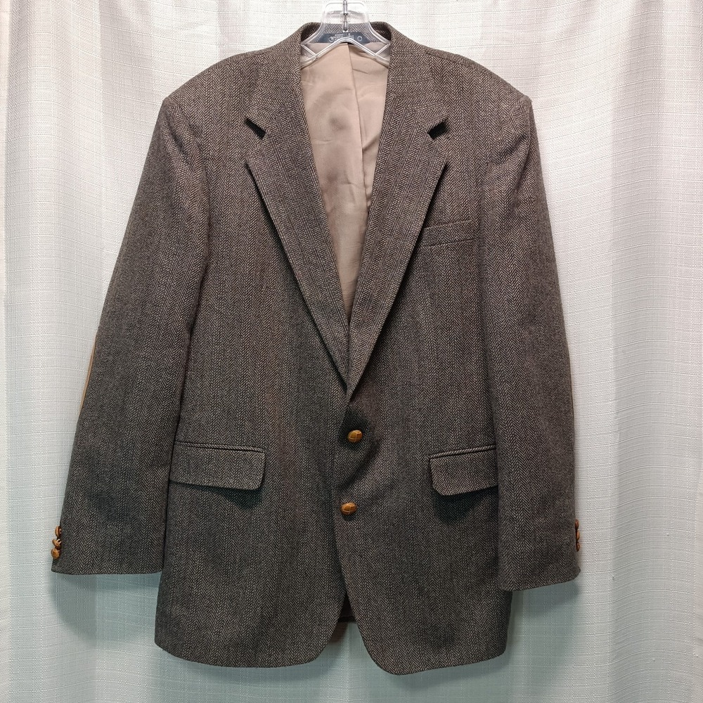 Reed St James Brown Herringbone Wool 2 Button Blazer 42L Elbow Patches
